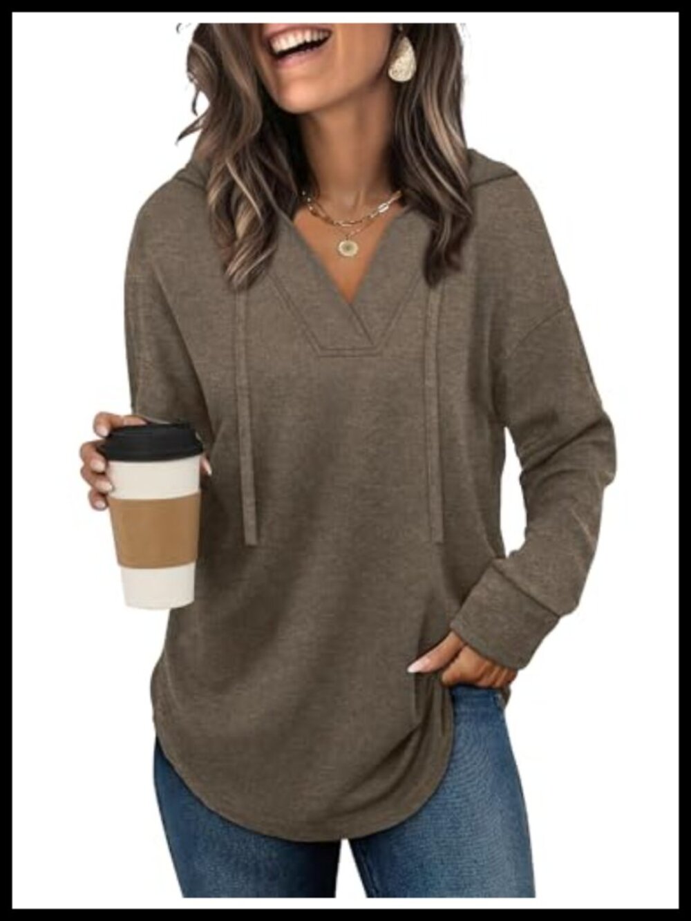 Oversized V-Neck Hoodie Long Sleeve Tunic Pullover Casual Sweatshirt